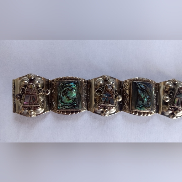Sterling Silver Aztec Mexico Taxco Multi Link Abalone Shell Vintage Bracelet - Picture 3 of 12